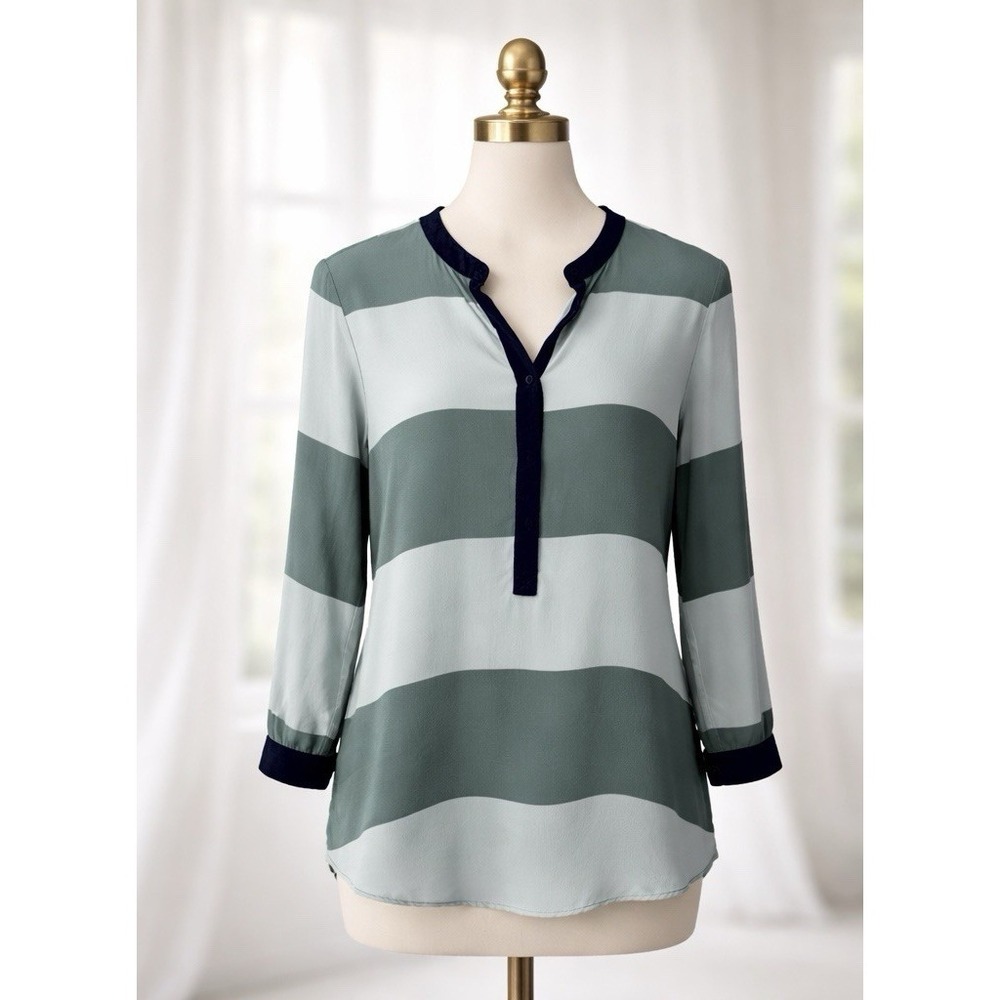 Fossil Silk Green Striped Popover‎ Top Blouse 3/4 Sleeve Women's Size XS